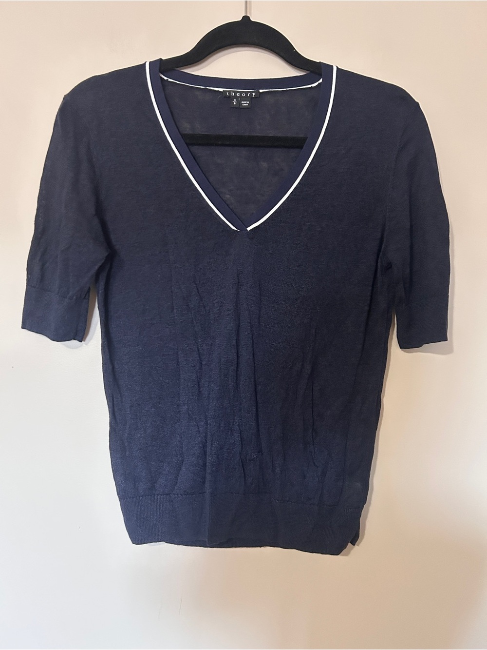 Theory V-Neck Linen-Blend Sweater Armada Blue White Sz S